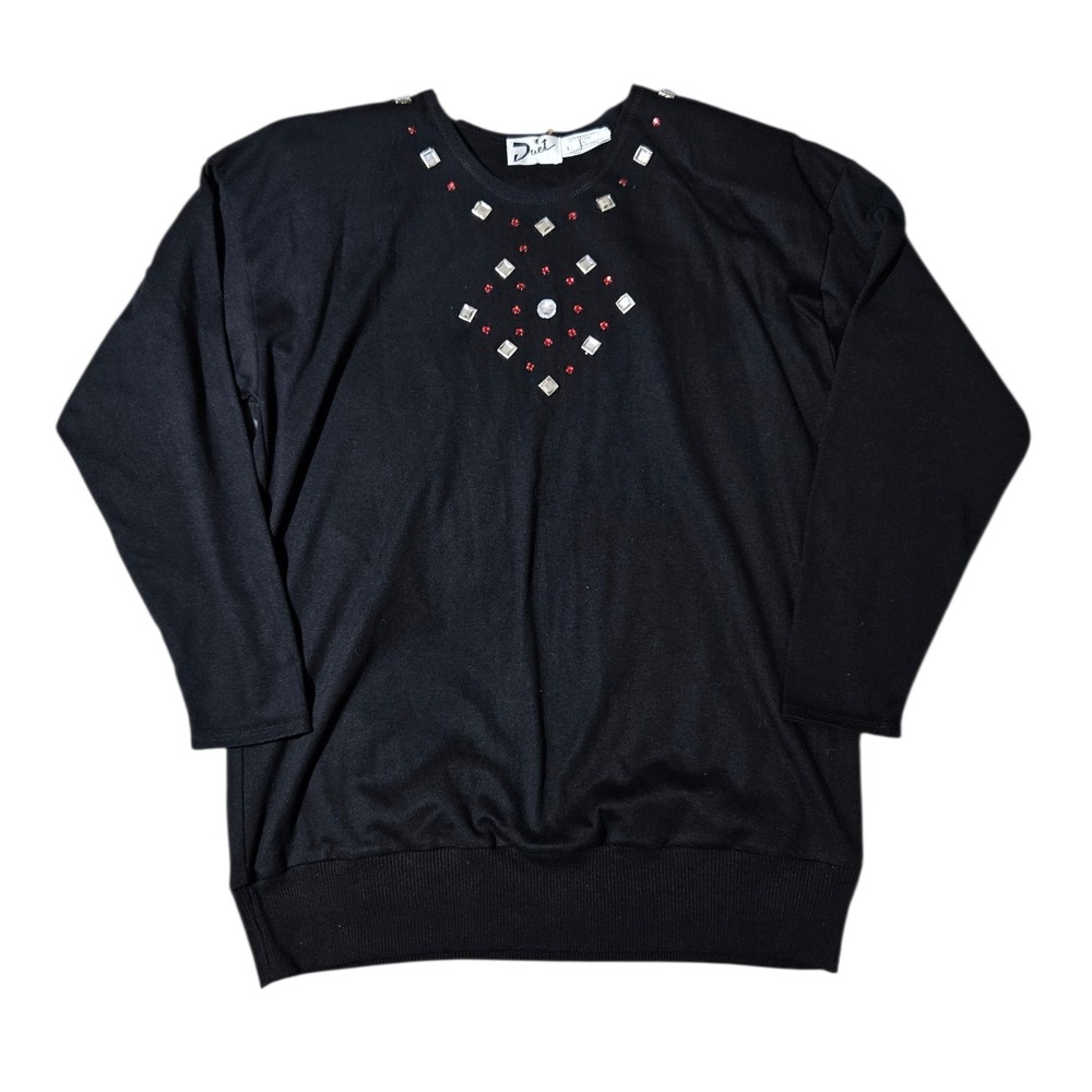Vintage Duet Black Embellished Pullover Sweater Womens L Rhinestone Stud Diamond